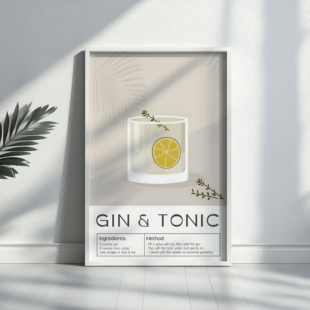Gin & Tonic Cocktail Recipe Framed Poster#1 – Framed Wall Art Poster - Image 4