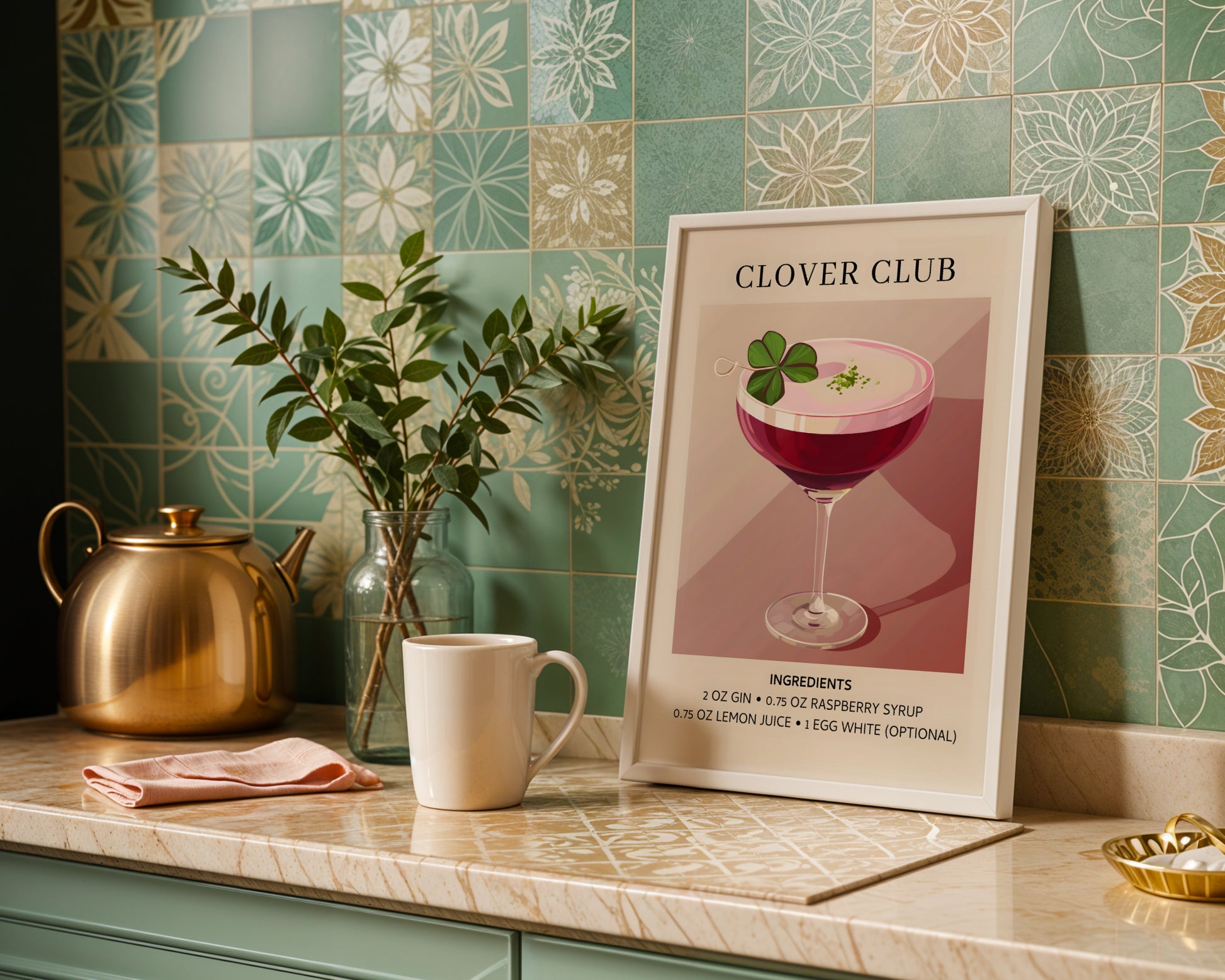 Clover Club Cocktail Recipe Framed Poster – Framed Wall Art Poster - Image 1