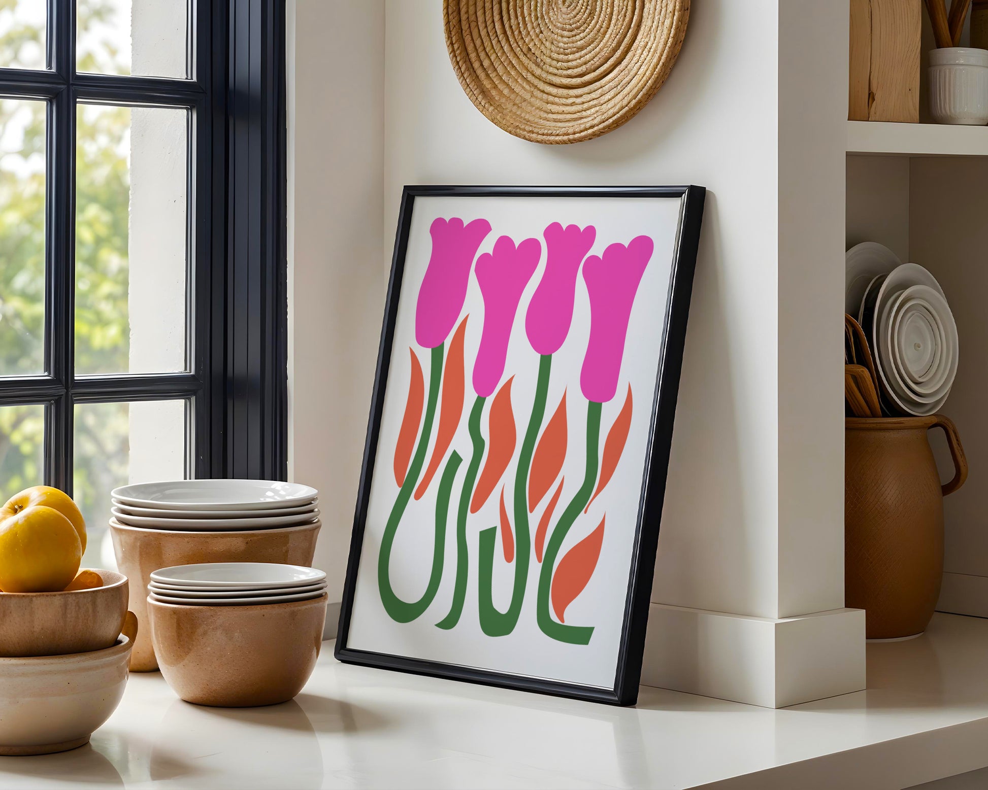 Abstract Pink Tulips & Leaves Framed Wall Art – Framed Wall Art Poster - Image 2