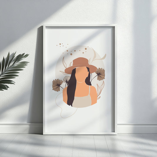 Boho Woman Hat Abstract Floral Framed Poster – Framed Wall Art Poster - Image 1