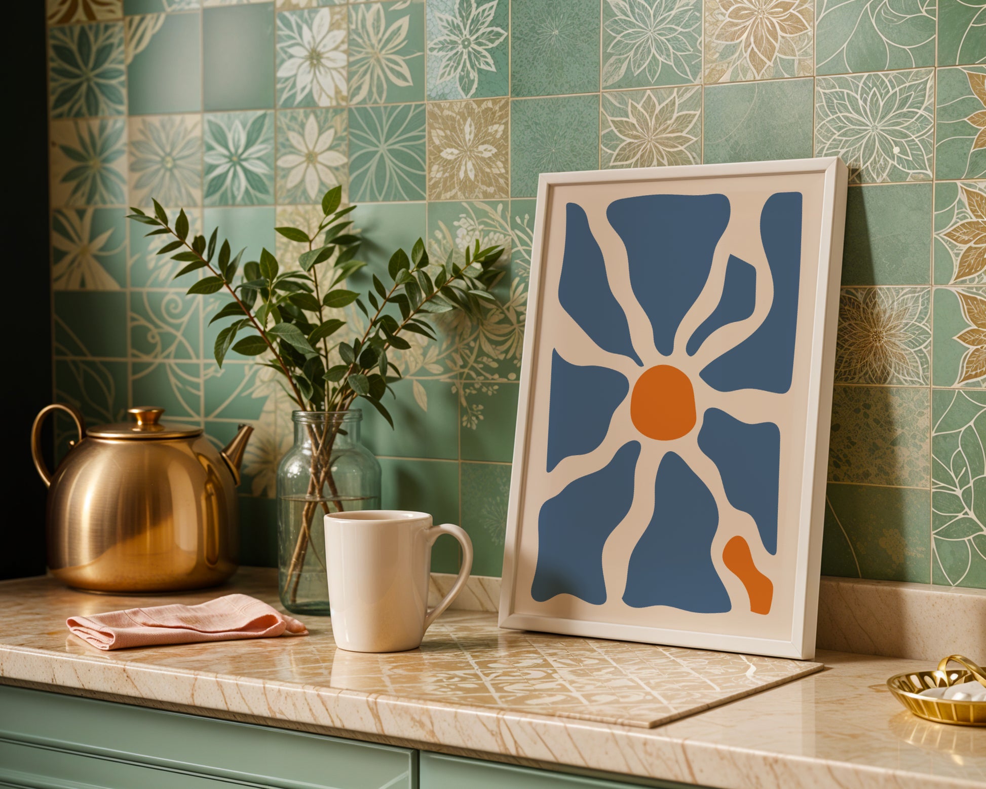 Organic Blue & Orange Abstract Bloom Framed Poster – Framed Wall Art Poster - Image 3