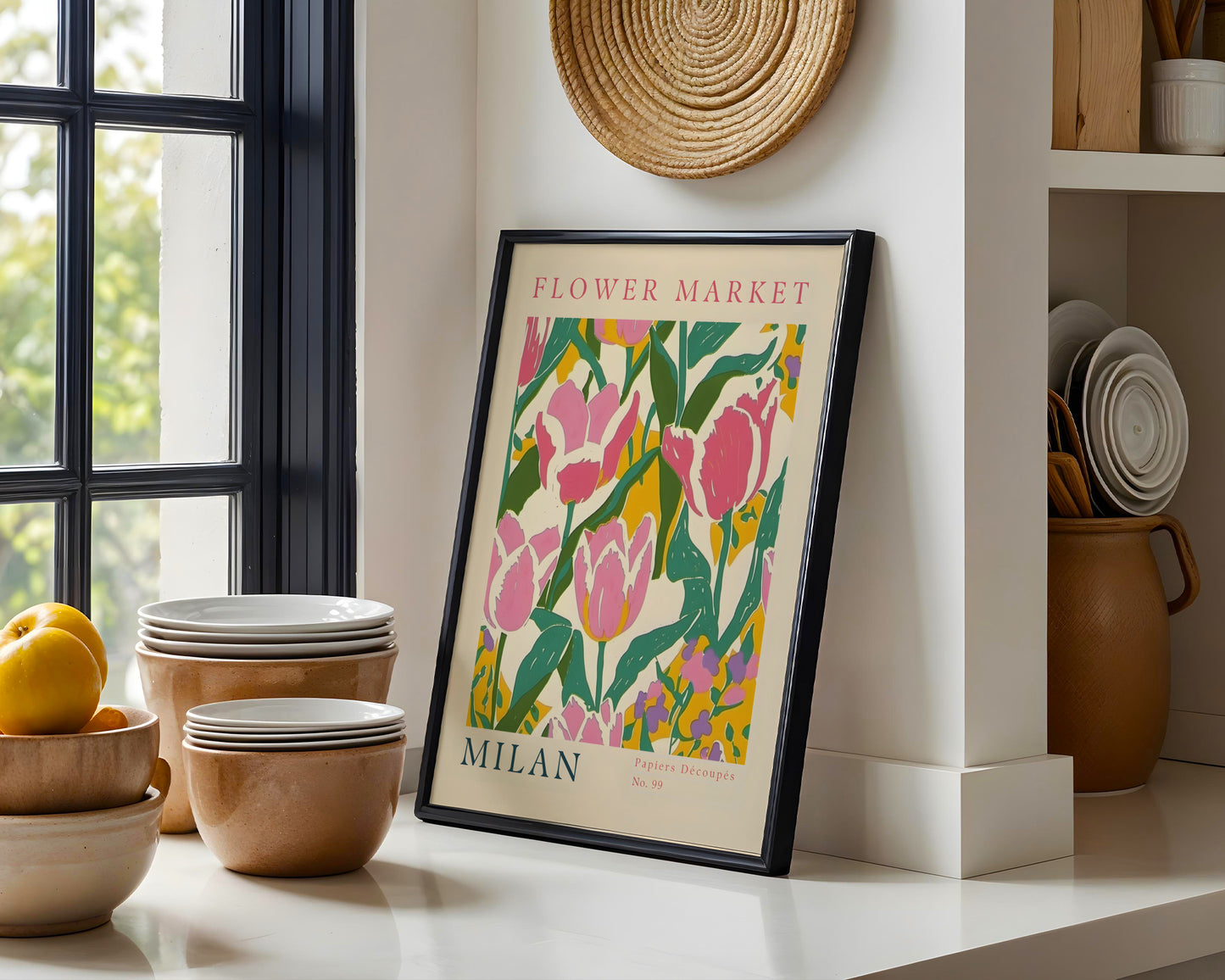 Milan Flower Market Pink Tulips Framed Poster – Framed Wall Art Poster - Image 1