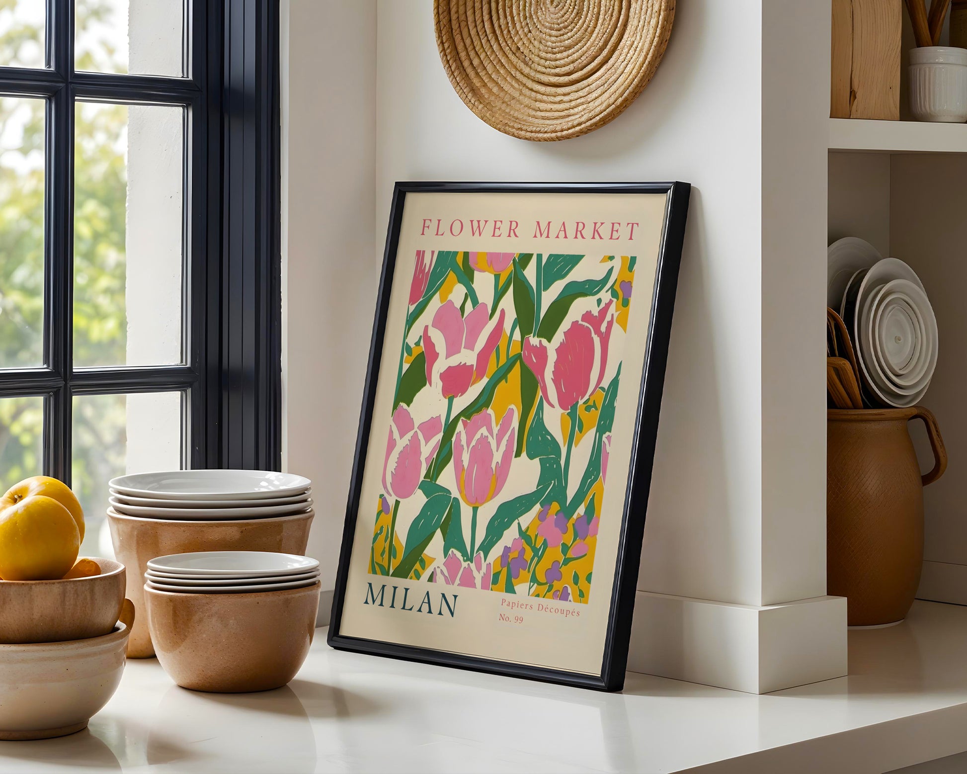 Milan Flower Market Pink Tulips Framed Poster – Framed Wall Art Poster - Image 1