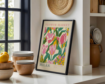 Milan Flower Market Pink Tulips Framed Poster – Framed Wall Art Poster - Image 1