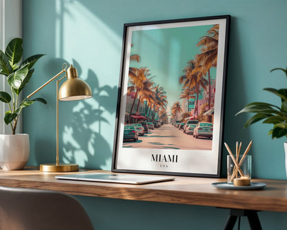 Miami Street Palm Trees Framed Poster – Framed Wall Art Poster - Image 1