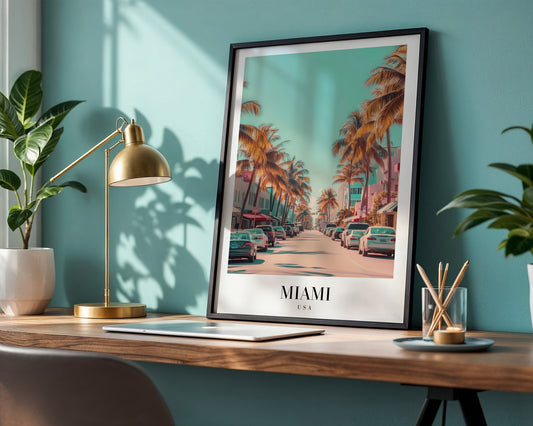 Miami Street Palm Trees Framed Poster – Framed Wall Art Poster - Image 1