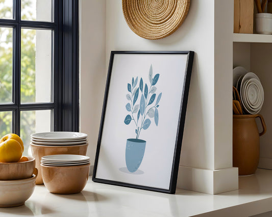 Blue Leaf Plant Pot Minimalist Framed Poster - Image 2