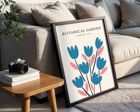 Botanical Garden Abstract Blue Flowers Framed Poster - Image 1
