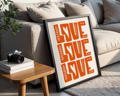 LOVE LOVE LOVE' Orange Decorative Framed Poster – Framed Wall Art Poster - Image 1