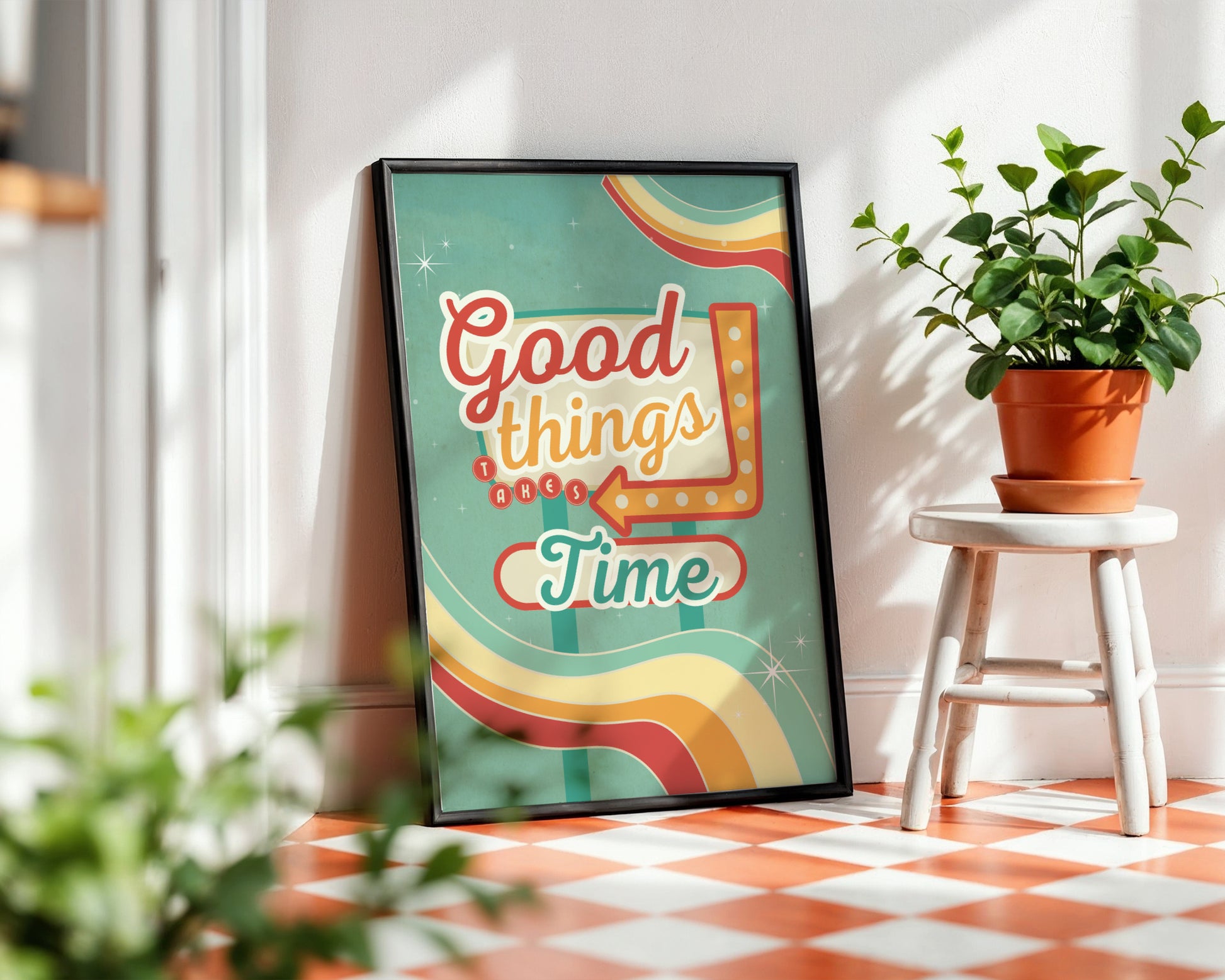 Good Things Takes Time' Retro Framed Poster – Framed Wall Art Poster - Image 1