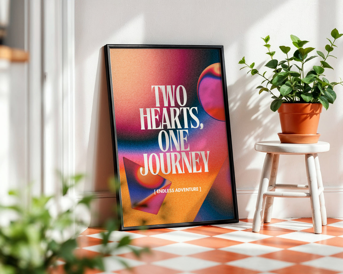 Two Hearts, One Journey" Abstract Gradient Framed Poster – Framed Wall Art Poster - Image 1